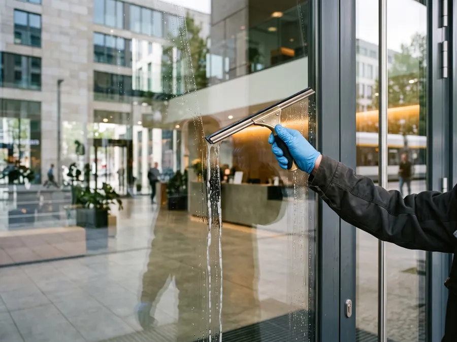 Reinigung der Glasfront am Eingang eines Gewerbeobjekts im Rhein-Sieg-Kreis
