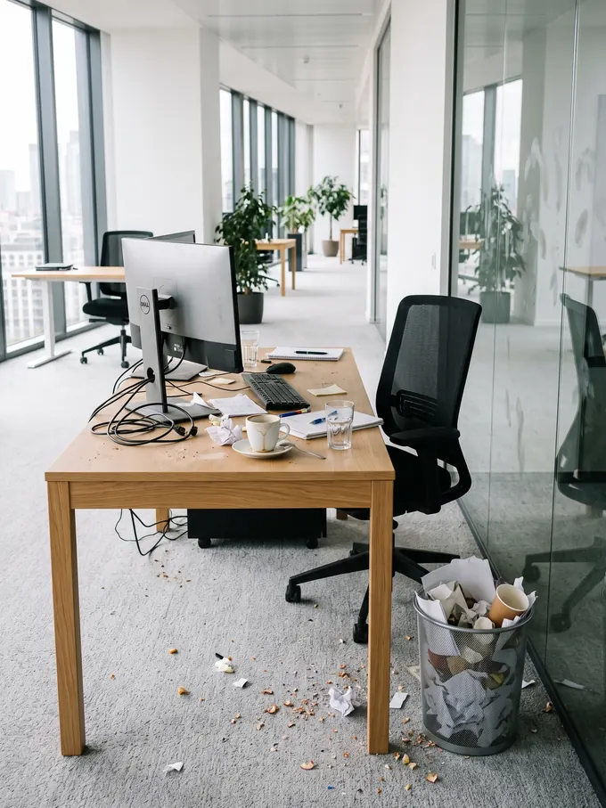 Büroarbeitsplatz vor der Reinigung: Staub auf der Fläche, voller Papierkorb