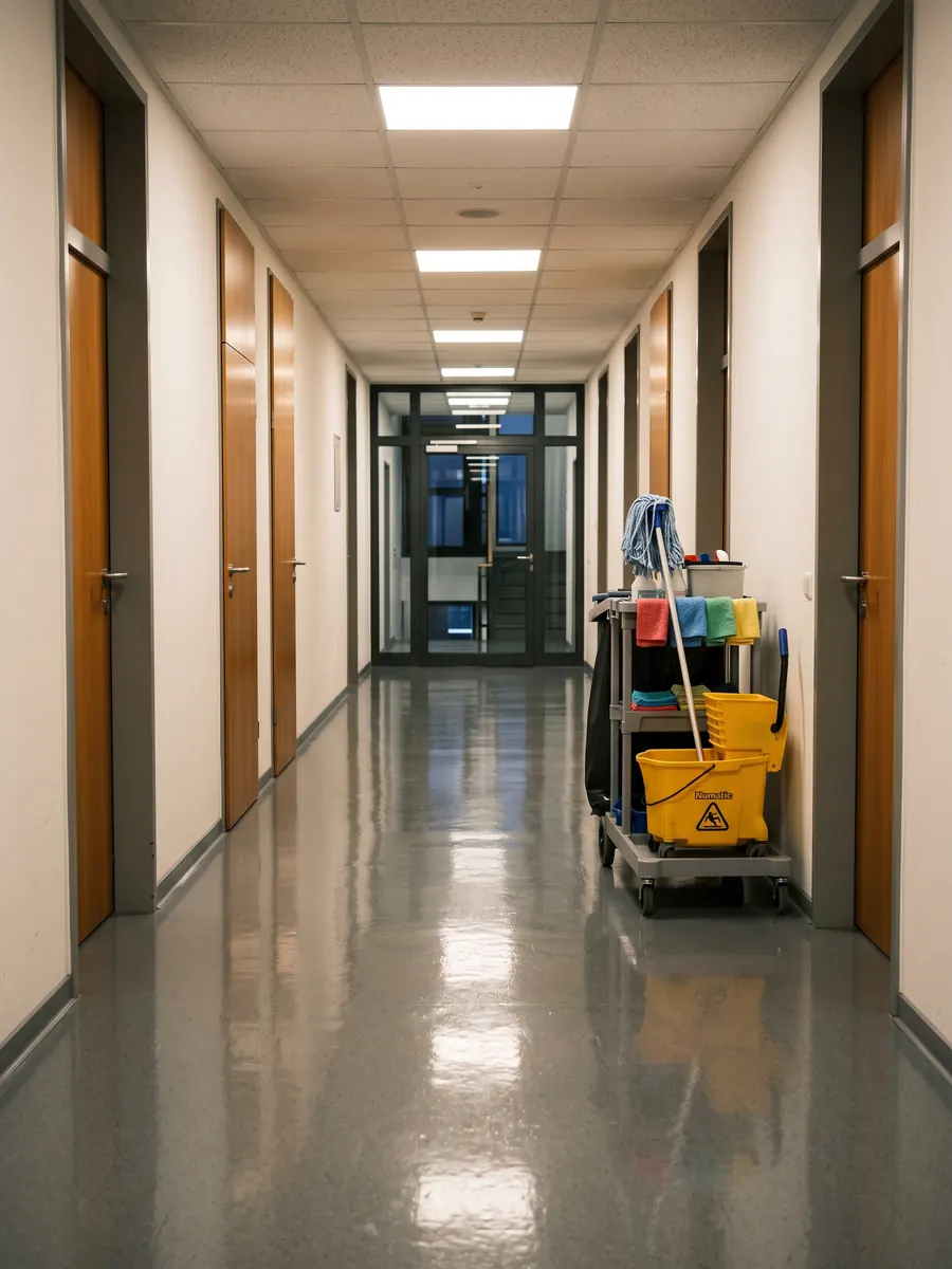 Reinigungswagen im Flur einer Bürofläche in Köln